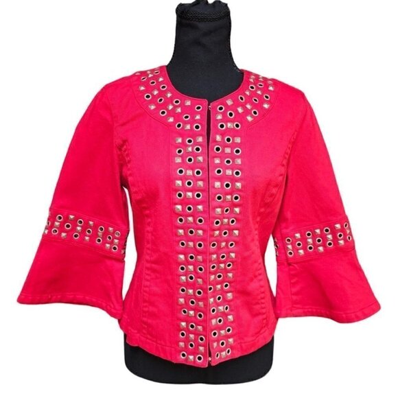 LAL Live a Little Red and Edgy Studded Denim Unique Jacket, Size Small - Picture 1 of 8